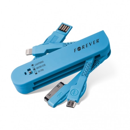 Cablu USB 3 in 1 - MicroUSB / Lightning / iPhone 4 - 30 Pini (Albastru) Forever