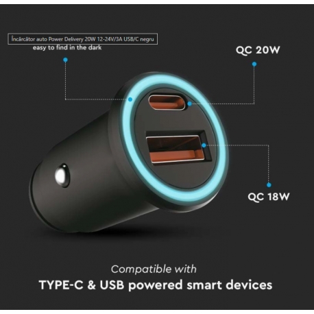 Încărcător auto Power Delivery 38W 12-24V/3A USB/C negru