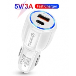 Incarcator Auto cu Incarcare Rapida port USB si port tip C PD, Fast Charger 48W, Quick Charge Qualcomm 3.0A, ALB