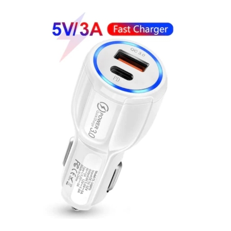 Incarcator Auto cu Incarcare Rapida port USB si port tip C PD, Fast Charger 48W, Quick Charge Qualcomm 3.0A, ALB