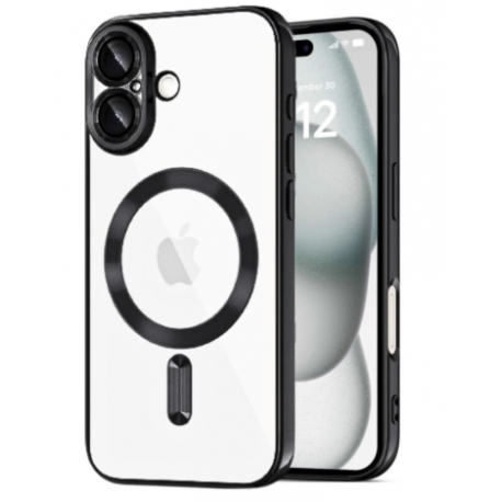 Husă iPhone 16, MagSafe, transparentă, ramă neagră