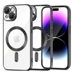 Husă iPhone 15 Plus, MagSafe, Transparentă, Ramă Neagră