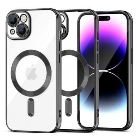 Husă iPhone 15 Plus, MagSafe, Transparentă, Ramă Neagră