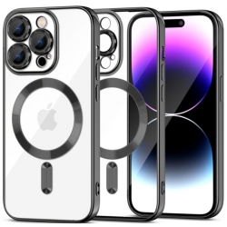 Husă iPhone 15 Pro, MagSafe, Transparentă, Ramă Neagră