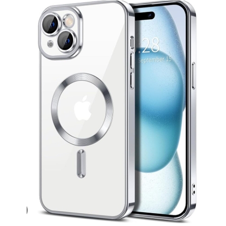 Husă iPhone 15, MagSafe, Transparentă, Ramă Neagră